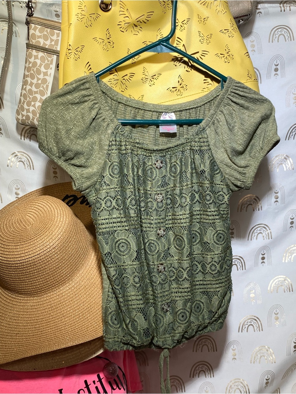 No Boundaries Olive Green Crochet-Front Puff Sleeve Blouse